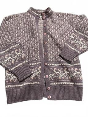 Vintage Nordic-Pattern Compliments Pure Wool Purple Cardigan Fair- isle Details